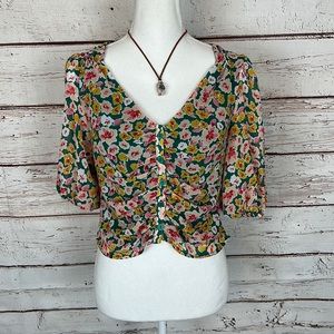 LUSH floral scrunch front crop top with sheer sleeves small